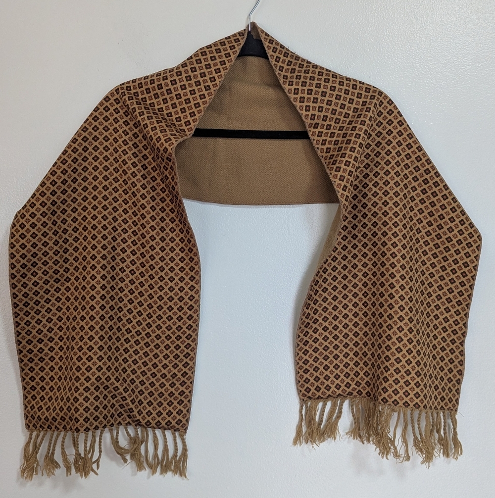 Valentini Firenze Made In Italy 100% Wool Brown Fringed Patterned Scarf OS
